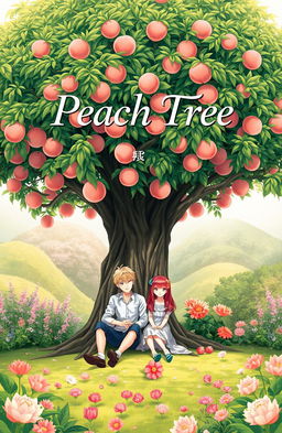 A beautiful book cover featuring a lush garden background, with a massive peach tree dominating the center