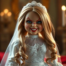 A hyper-realistic depiction of the Bride of Chucky doll, showcasing her iconic style with long blonde hair, an elegant white bridal gown with lace details, and a mischievous expression