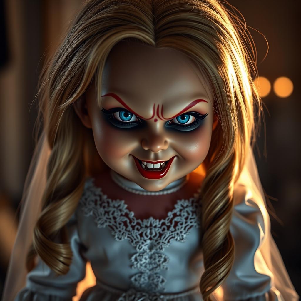 A hyper-realistic depiction of the Bride of Chucky doll, showcasing her iconic style with long blonde hair, an elegant white bridal gown with lace details, and a mischievous expression