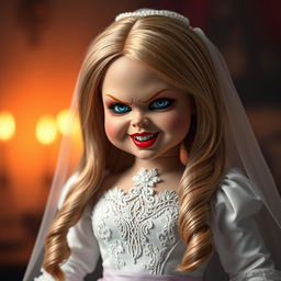 A hyper-realistic depiction of the Bride of Chucky doll, showcasing her iconic style with long blonde hair, an elegant white bridal gown with lace details, and a mischievous expression