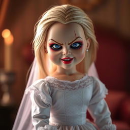 A hyper-realistic depiction of the Bride of Chucky doll, showcasing her iconic style with long blonde hair, an elegant white bridal gown with lace details, and a mischievous expression