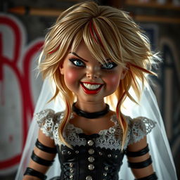 A hyper-realistic depiction of the Bride of Chucky doll with a rock-inspired twist