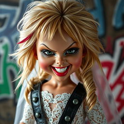 A hyper-realistic depiction of the Bride of Chucky doll with a rock-inspired twist