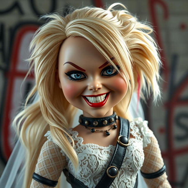 A hyper-realistic depiction of the Bride of Chucky doll with a rock-inspired twist