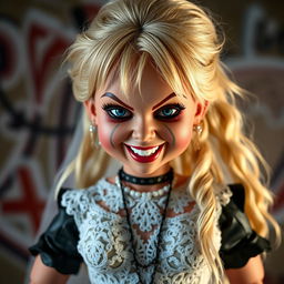 A hyper-realistic depiction of the Bride of Chucky doll with a rock-inspired twist