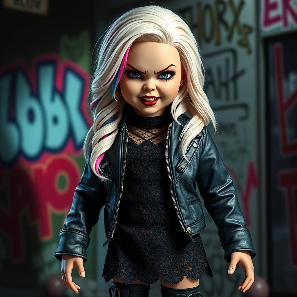 A hyper-realistic depiction of Tiffany, the iconic doll from the Child's Play series, with a rock-inspired aesthetic