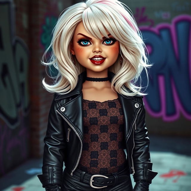 A hyper-realistic depiction of Tiffany, the iconic doll from the Child's Play series, with a rock-inspired aesthetic