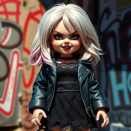 A hyper-realistic depiction of Tiffany, the iconic doll from the Child's Play series, with a rock-inspired aesthetic