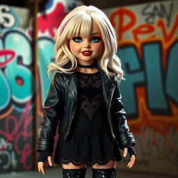 A hyper-realistic depiction of Tiffany, the iconic doll from the Child's Play series, with a rock-inspired aesthetic