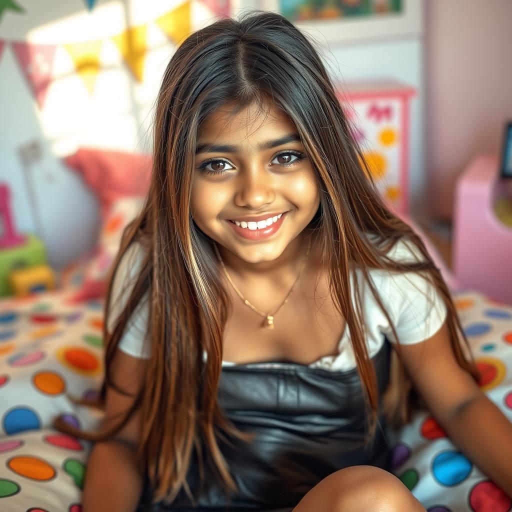 A glamorous Indian school girl with long straight hair, styled either blonde or brunette, wearing a chic short shiny leather skirt