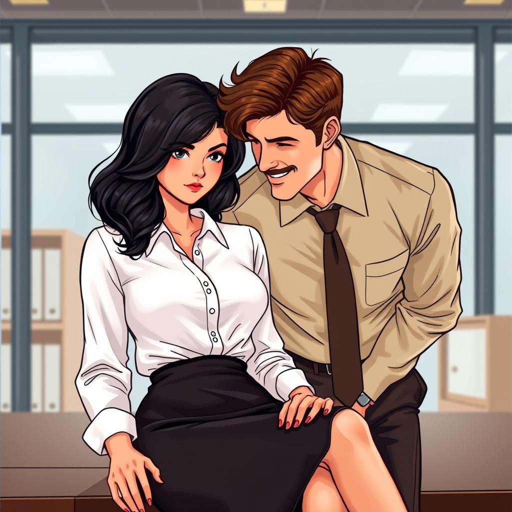 A romance book cover set in a corporate office background