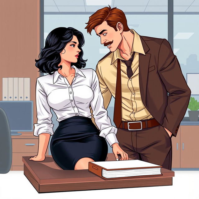 A side-on view of a romance book cover set in a corporate office background