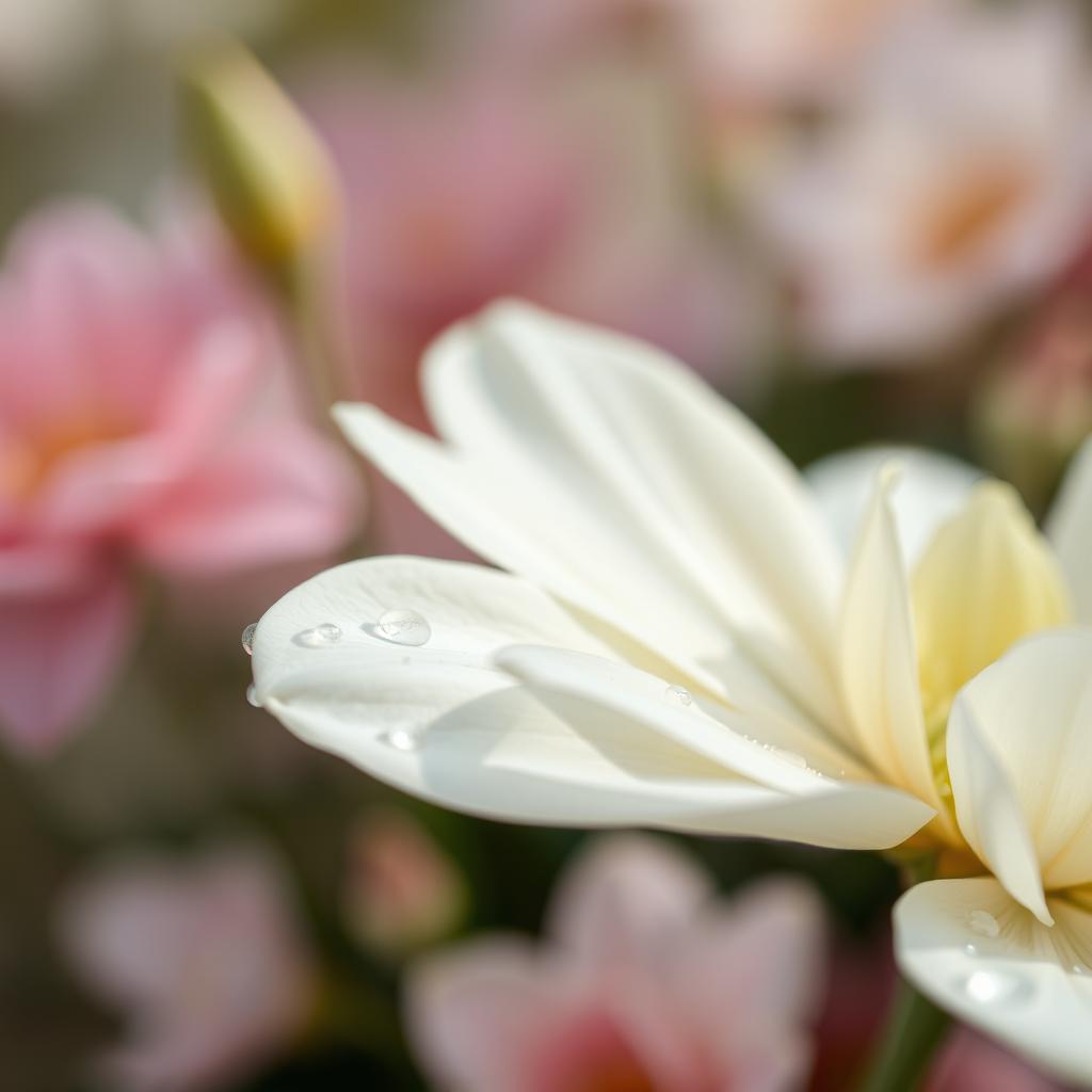 A close-up artistic representation of a white flower with delicate petals, beautifully arranged in a soft-focus background filled with gentle pastel colors