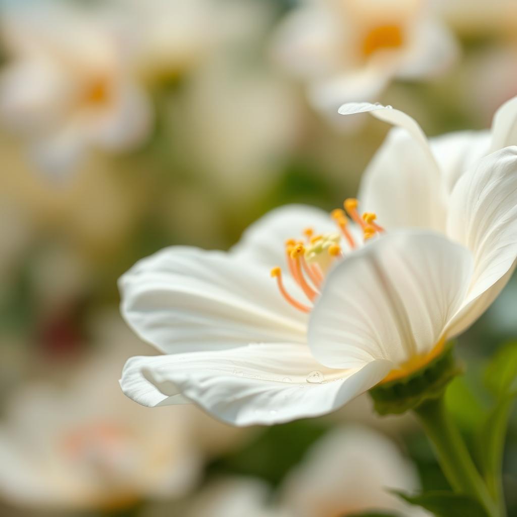 A close-up artistic representation of a white flower with delicate petals, beautifully arranged in a soft-focus background filled with gentle pastel colors