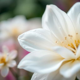 A close-up artistic representation of a white flower with delicate petals, beautifully arranged in a soft-focus background filled with gentle pastel colors