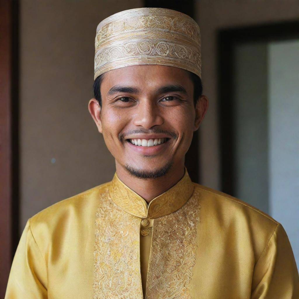 A traditional Malay man donning a Baju Melayu, the traditional outfit. He has a bright, welcoming smile and his eyes sparkle with warmth.