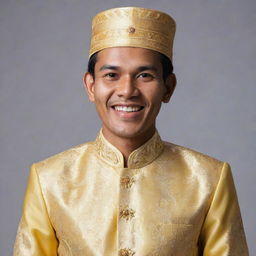 A traditional Malay man donning a Baju Melayu, the traditional outfit. He has a bright, welcoming smile and his eyes sparkle with warmth.