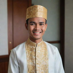 A traditional Malay man donning a Baju Melayu, the traditional outfit. He has a bright, welcoming smile and his eyes sparkle with warmth.