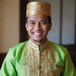 A traditional Malay man donning a Baju Melayu, the traditional outfit. He has a bright, welcoming smile and his eyes sparkle with warmth.