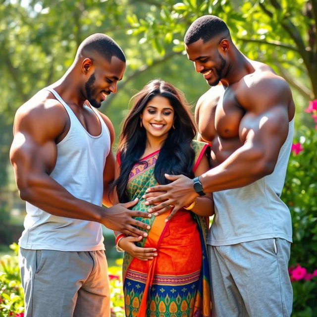 A composition featuring two muscular African men with clear-defined muscles, gently and playfully placing their hands on the belly of an Indian slender girl