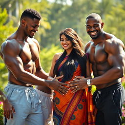 A composition featuring two muscular African men with clear-defined muscles, gently and playfully placing their hands on the belly of an Indian slender girl