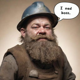 A dwarf miner, exhausted and covered in dust, with a speech bubble that says 'I'm tired boss'