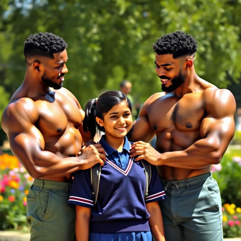 A scene depicting two muscular African men, showcasing their well-defined physiques in a wholesome and friendly manner, interacting with an Indian girl who is dressed in a school uniform