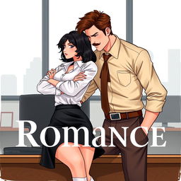 A romance book cover set against a corporate office backdrop