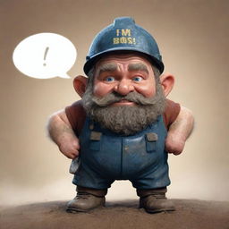 A dwarf miner, exhausted and covered in dust, with a speech bubble that says 'I'm tired boss'