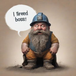 A dwarf miner, exhausted and covered in dust, with a speech bubble that says 'I'm tired boss'