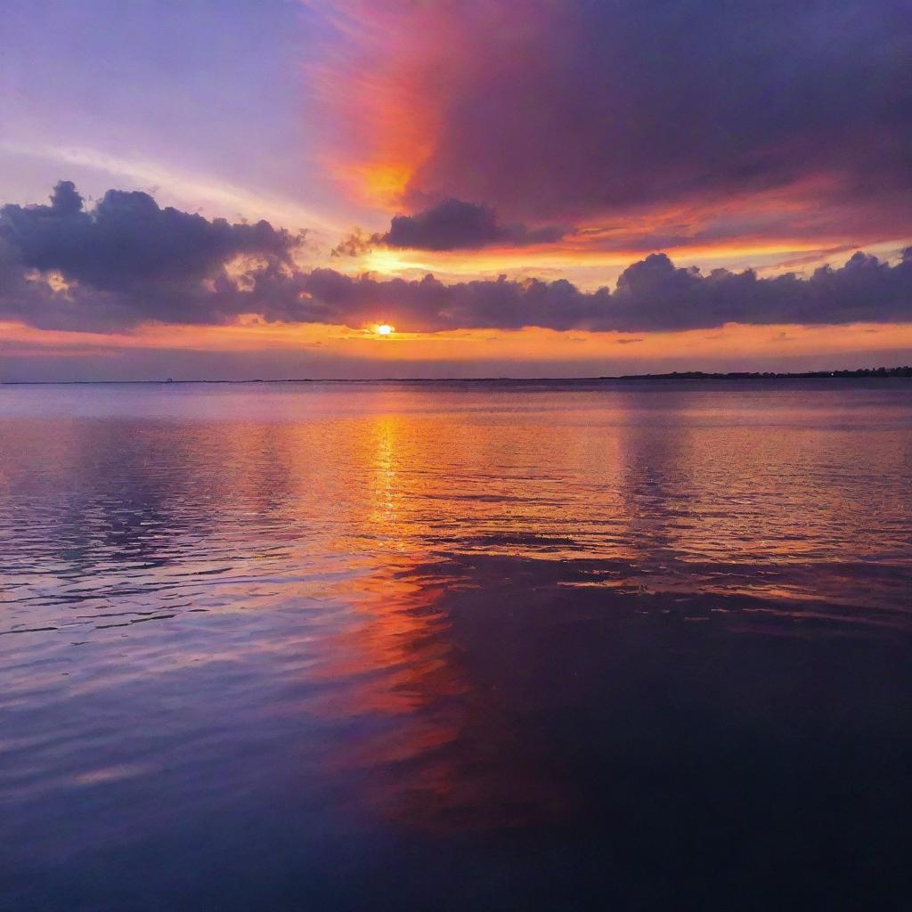 A breathtaking sunset, with a vibrant mix of purples, oranges and reds, the sun dipping below the horizon, and the sky reflecting on a serene body of water.