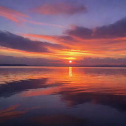 A breathtaking sunset, with a vibrant mix of purples, oranges and reds, the sun dipping below the horizon, and the sky reflecting on a serene body of water.