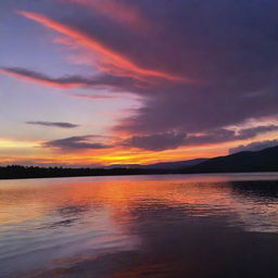 A breathtaking sunset, with a vibrant mix of purples, oranges and reds, the sun dipping below the horizon, and the sky reflecting on a serene body of water.