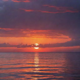 A breathtaking sunset, with a vibrant mix of purples, oranges and reds, the sun dipping below the horizon, and the sky reflecting on a serene body of water.