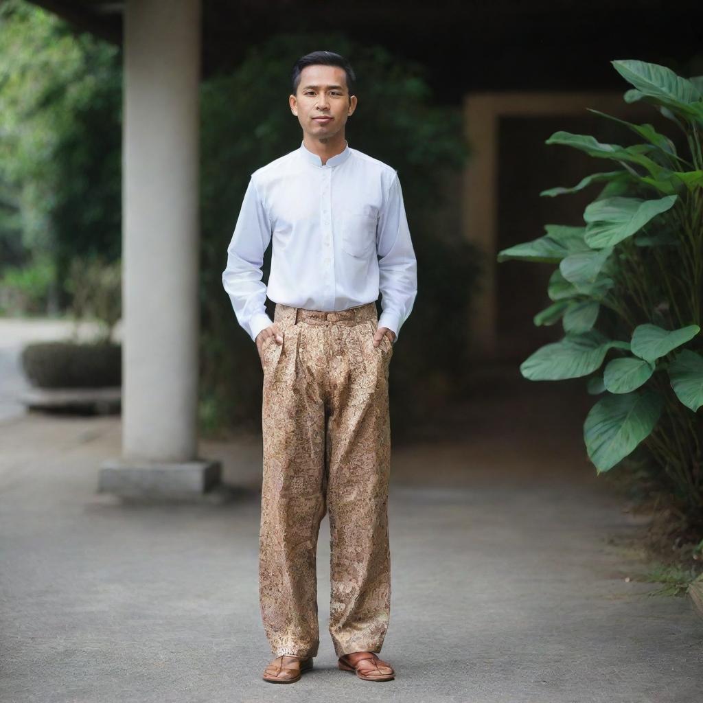 A Malay man wearing traditional or contemporary pants, standing confidently.