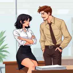 A romance book cover illustration set in a corporate office background