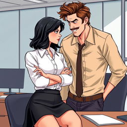 A romance book cover illustration set in a corporate office background