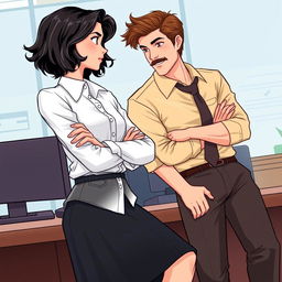 A romance book cover illustration set in a corporate office background