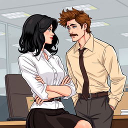 A romance book cover illustration set in a corporate office background