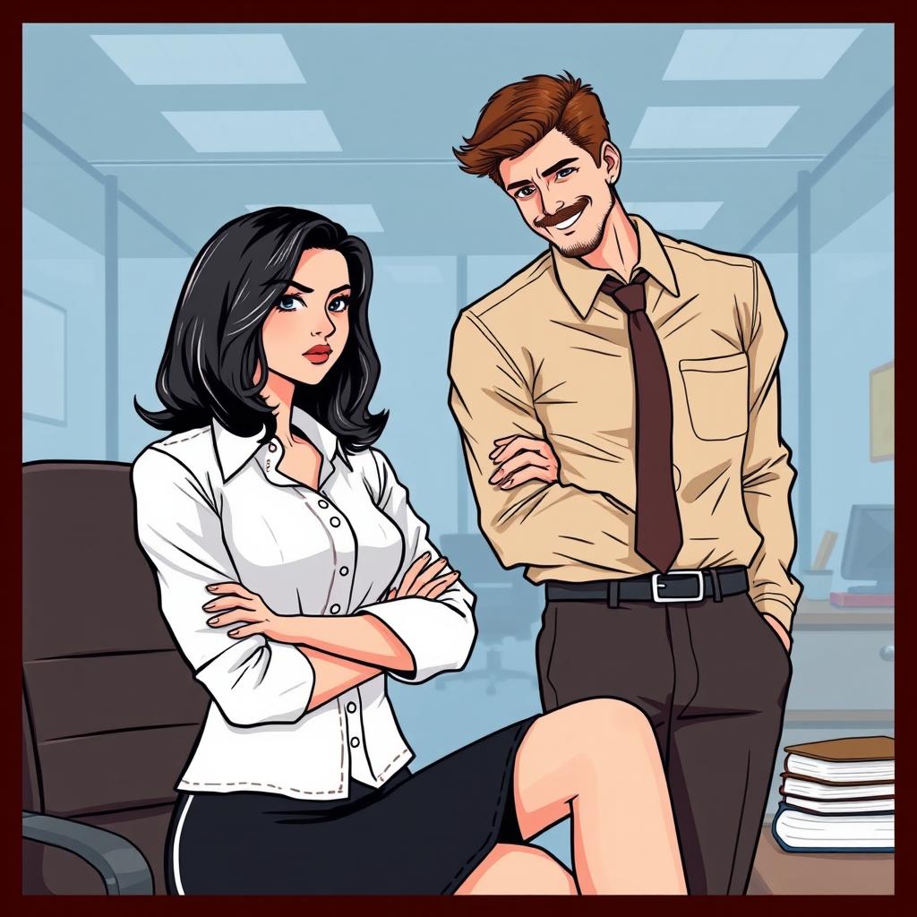 A romance book cover illustration set in a corporate office background