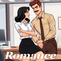 A romance book cover illustration set in a corporate office background