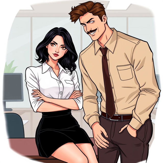 A romance book cover illustration set in a corporate office background