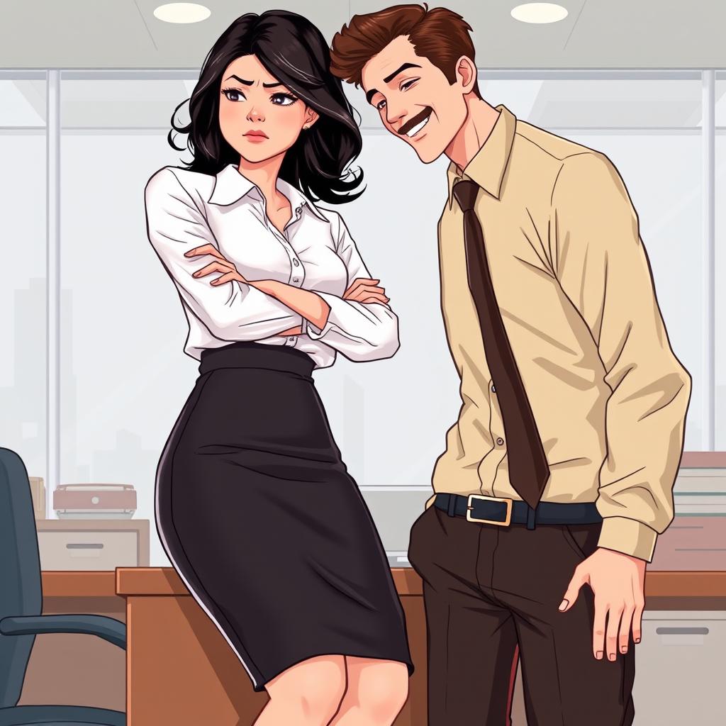 A romance book cover illustration set in a stylish corporate office background