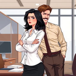 A romance book cover illustration set in a stylish corporate office background