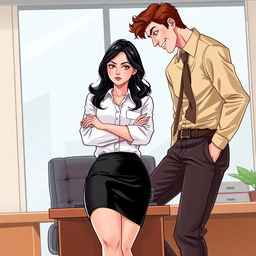 A romance book cover illustration set in a stylish corporate office background