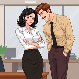 A romance book cover illustration set in a stylish corporate office background