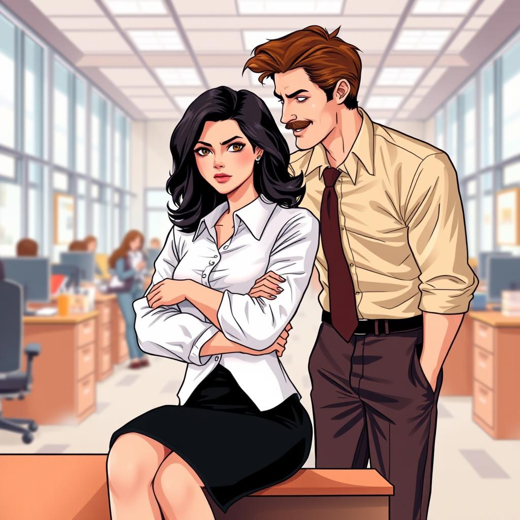 A romance book cover illustration featuring a bustling corporate office background