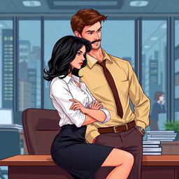 A romance book cover illustration featuring a bustling corporate office background