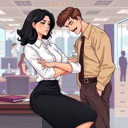 A romance book cover illustration featuring a bustling corporate office background