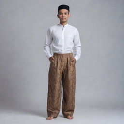 A Malay man wearing traditional or contemporary pants, standing confidently.